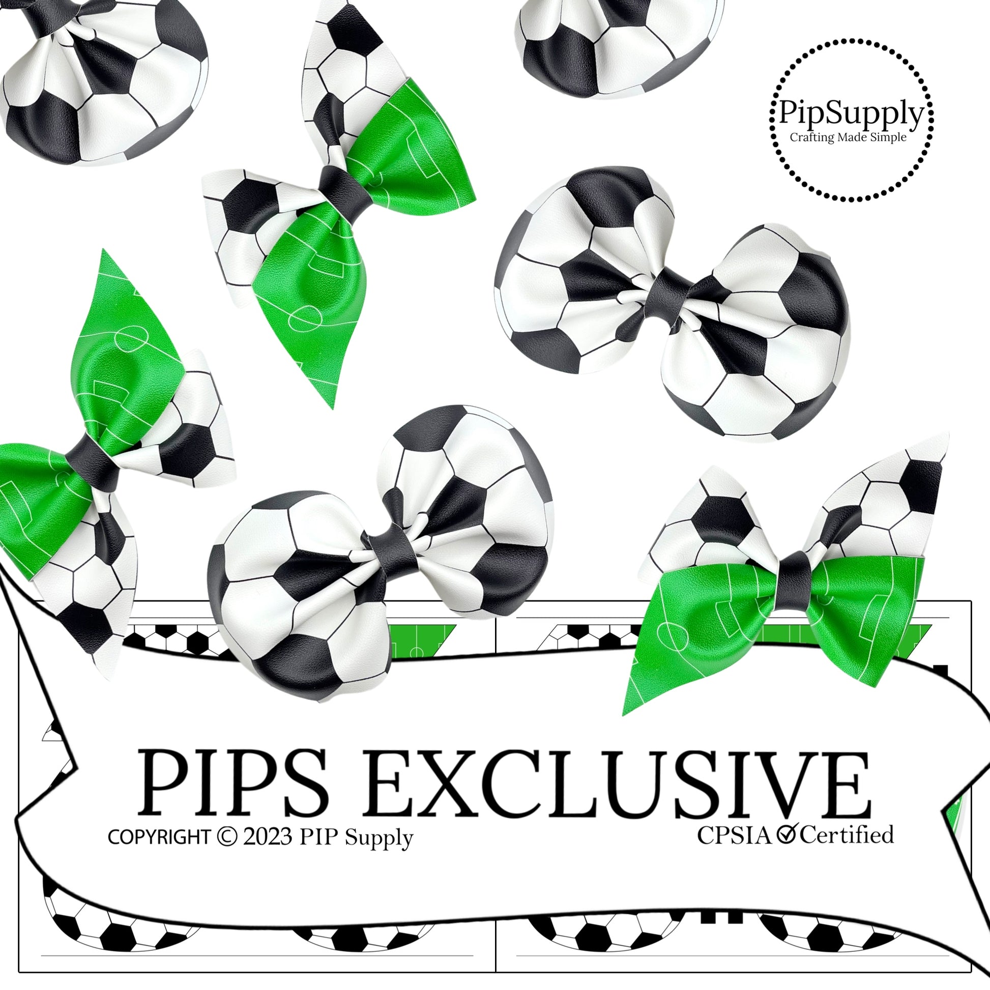 black and white soccer ball with green field faux leather hair bow
