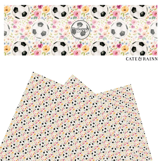 These spring floral sport pattern themed faux leather sheets contain the following design elements: soccer balls surrounded by flowers on cream. Our CPSIA compliant faux leather sheets or rolls can be used for all types of crafting projects.