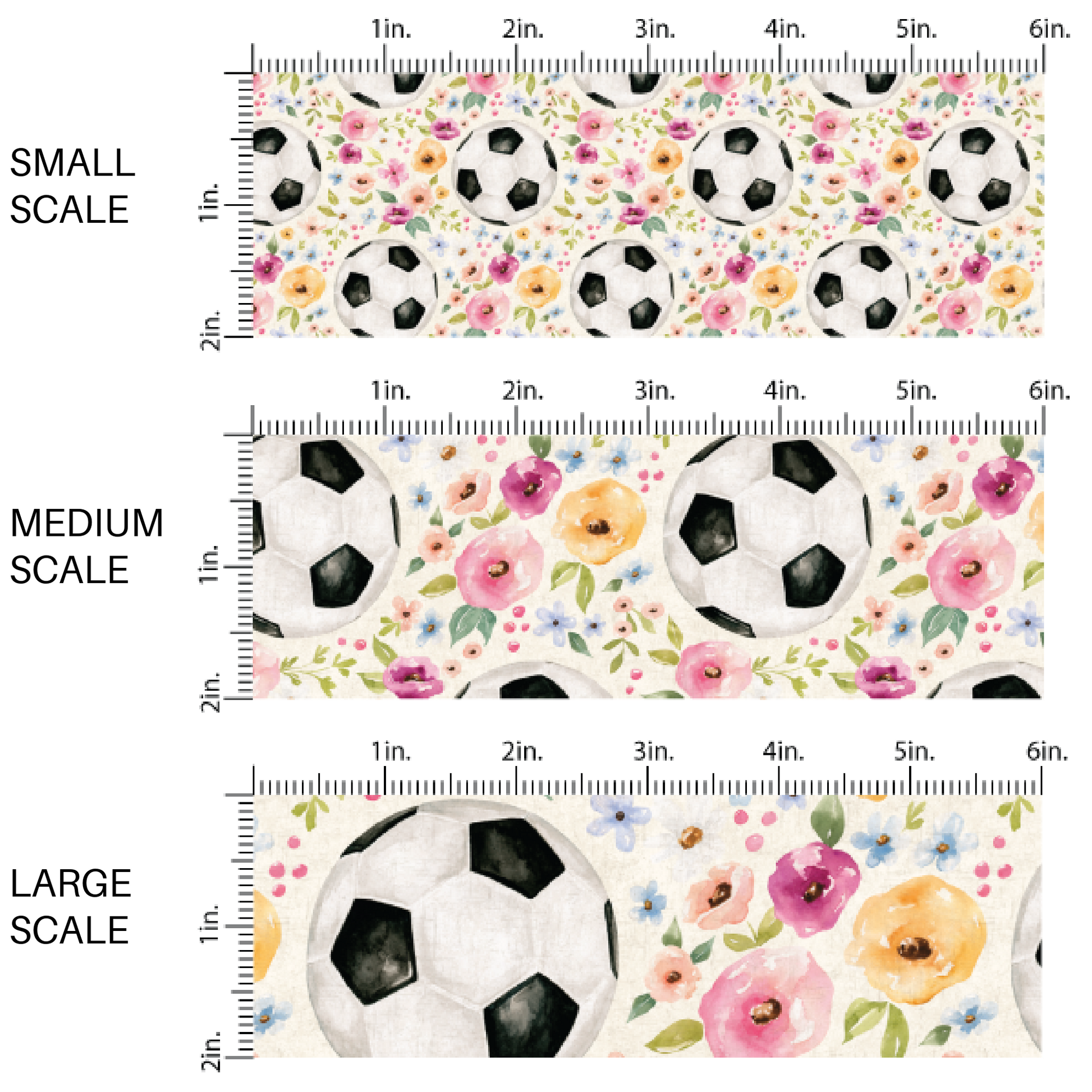 Pastel Florals and Soccer Balls on cream Fabric by the Yard scaled image guide.
