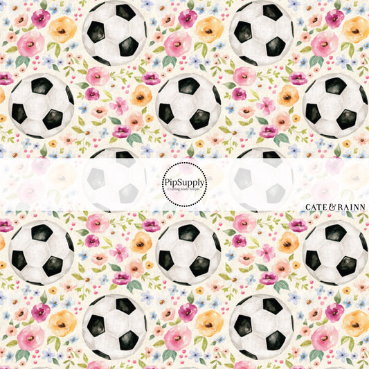 Pastel Florals and Soccer Balls on cream Fabric by the Yard.