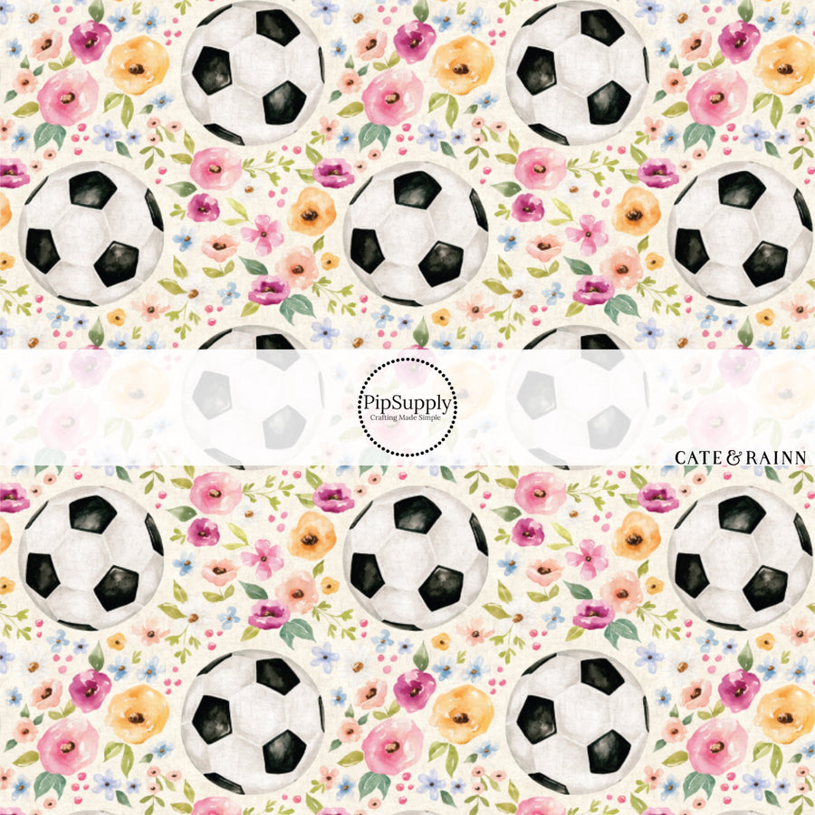 Pastel Florals and Soccer Balls on cream Fabric by the Yard.