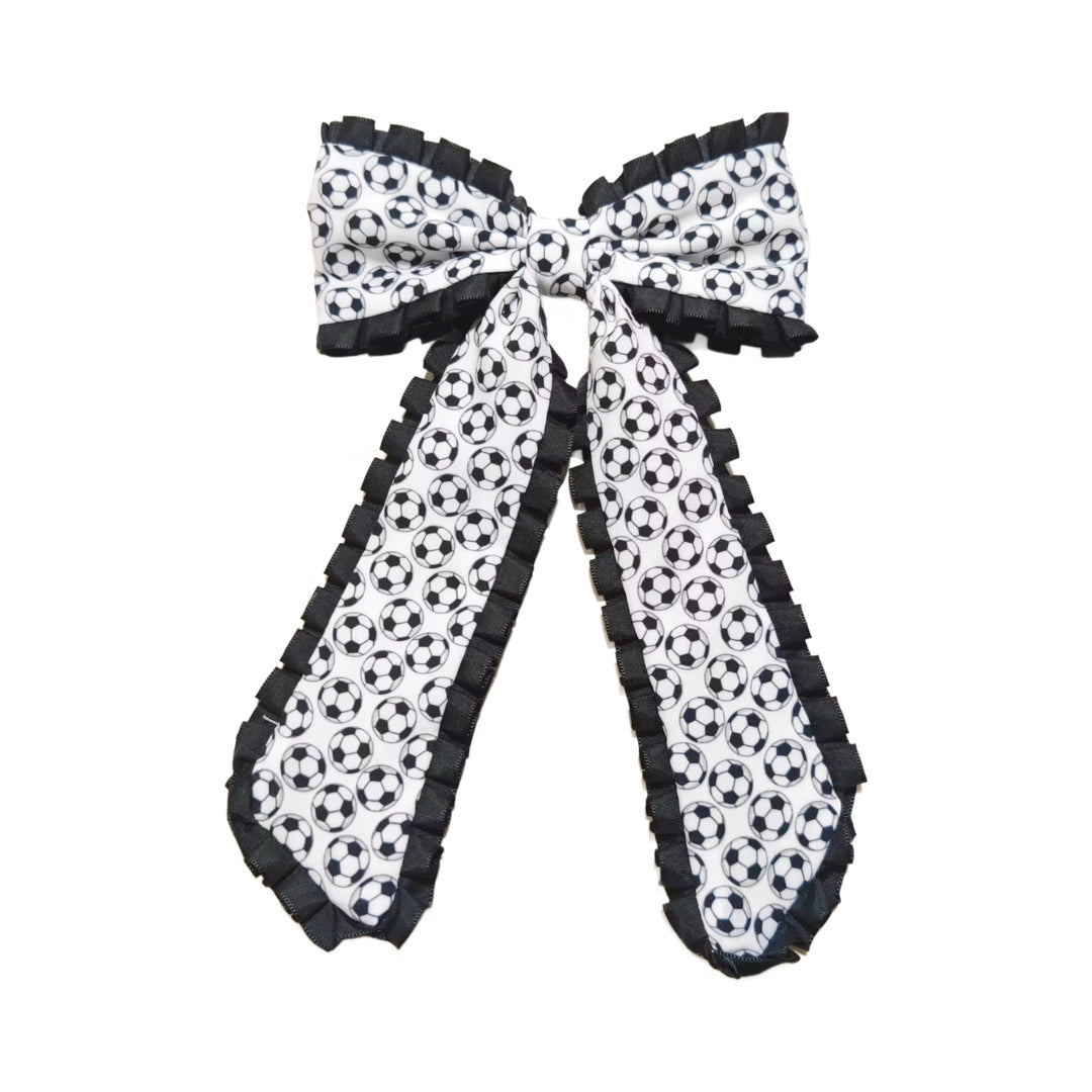 These sports ribbon edge long tail pre-cut tied bows are ready to package and resell to your customers no sewing or measuring necessary! These hair bows come with a clip already attached.