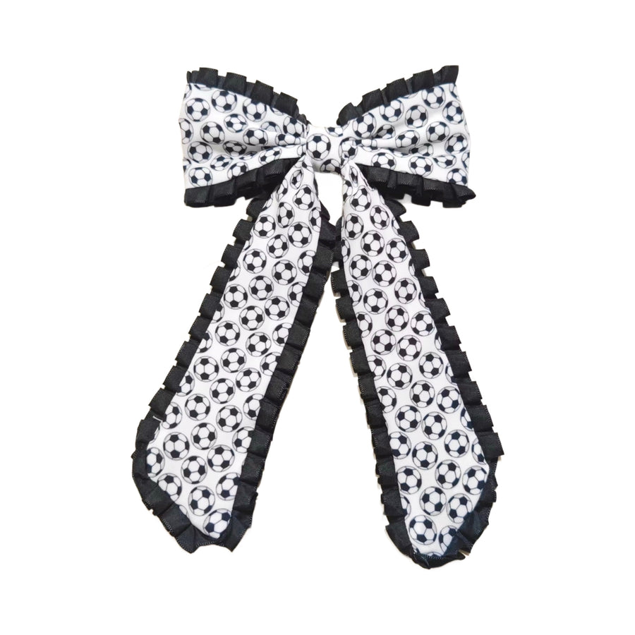 These sports ribbon edge long tail pre-cut tied bows are ready to package and resell to your customers no sewing or measuring necessary! These hair bows come with a clip already attached.