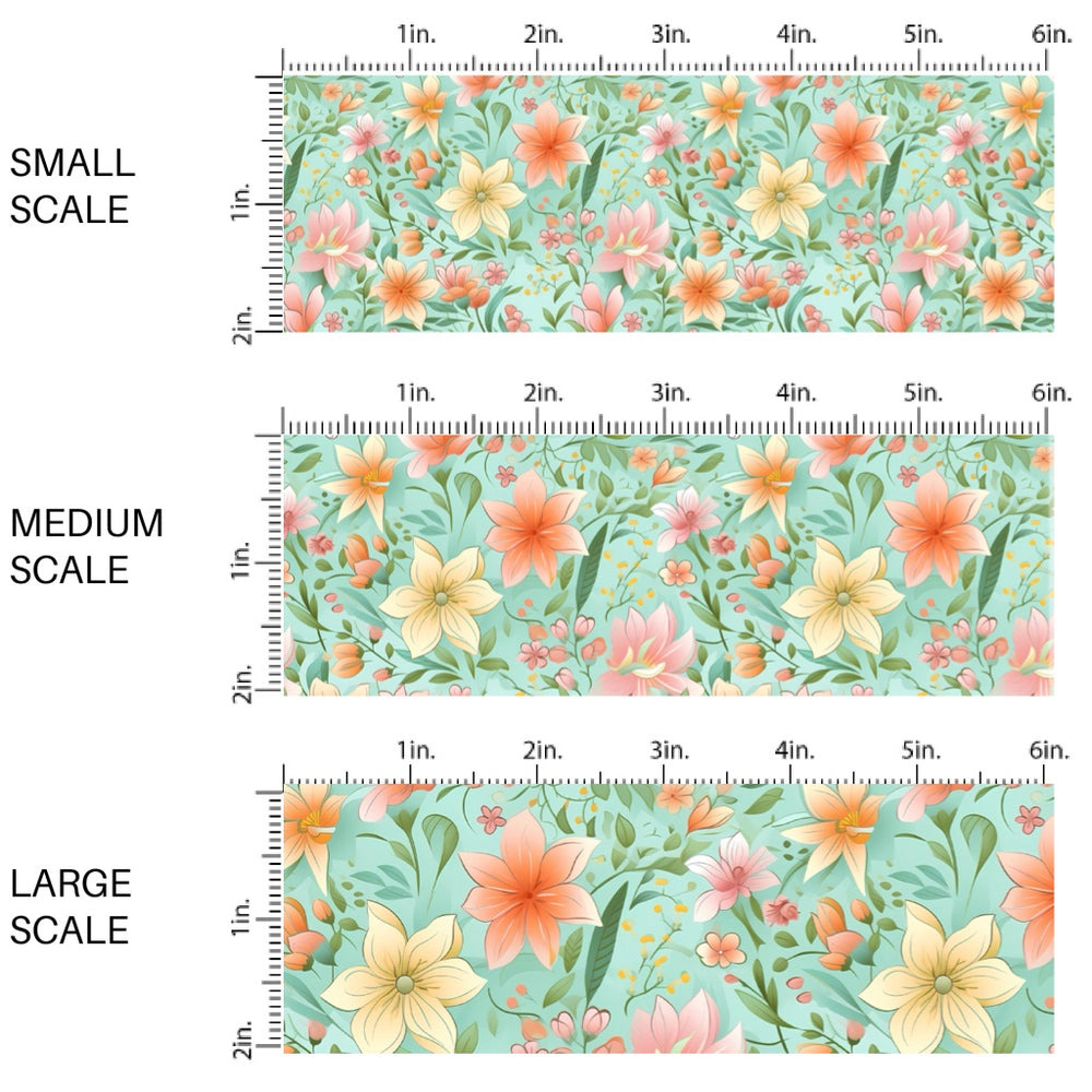 These floral fabric by the yard features pink and yellow flowers on teal. This fun pattern fabric can be used for all your sewing and crafting needs!