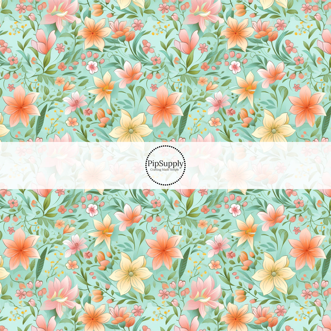 These floral fabric by the yard features pink and yellow flowers on teal. This fun pattern fabric can be used for all your sewing and crafting needs!