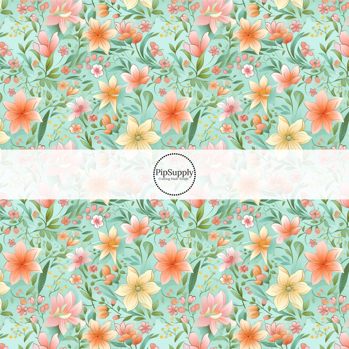 These floral fabric by the yard features pink and yellow flowers on teal. This fun pattern fabric can be used for all your sewing and crafting needs!