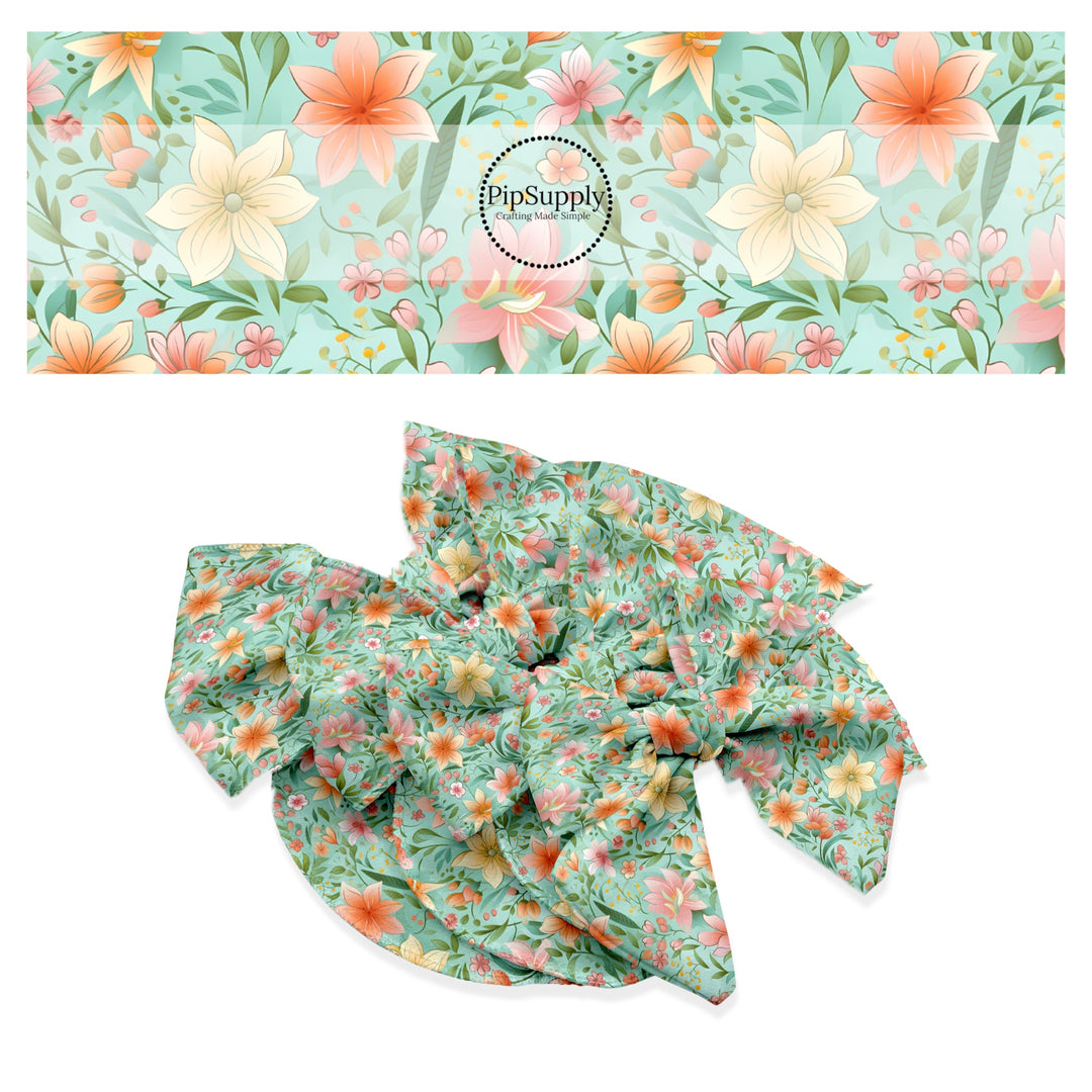 These floral themed no sew bow strips can be easily tied and attached to a clip for a finished hair bow. These festive bow strips are great for personal use or to sell. These bow strips feature the following design elements: pink and yellow flowers on teal.