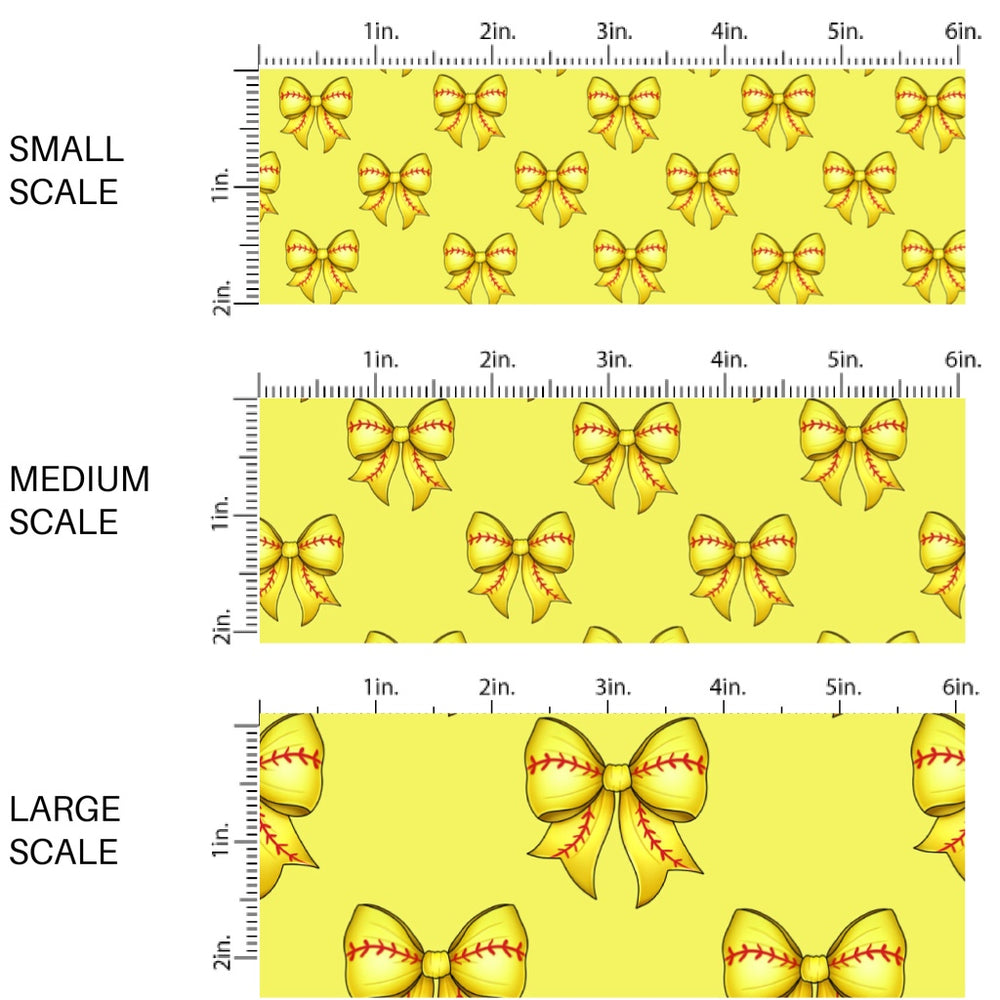 These sports themed fabric by the yard features yellow softball bows. This fun pattern fabric can be used for all your sewing and crafting needs!