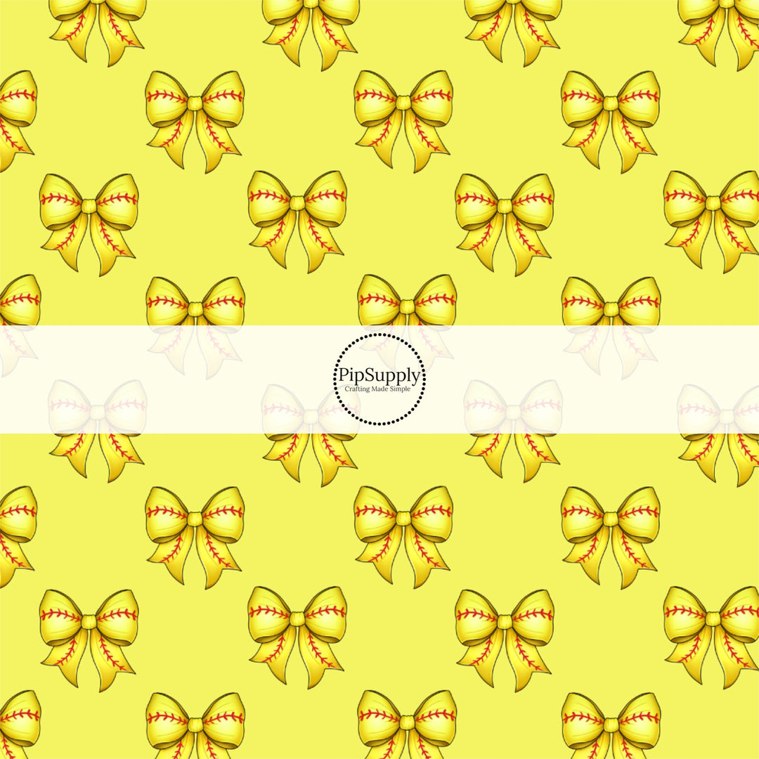 These sports themed fabric by the yard features yellow softball bows. This fun pattern fabric can be used for all your sewing and crafting needs!