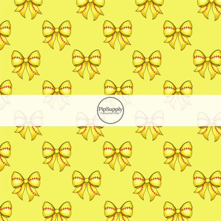 These sports themed fabric by the yard features yellow softball bows. This fun pattern fabric can be used for all your sewing and crafting needs!