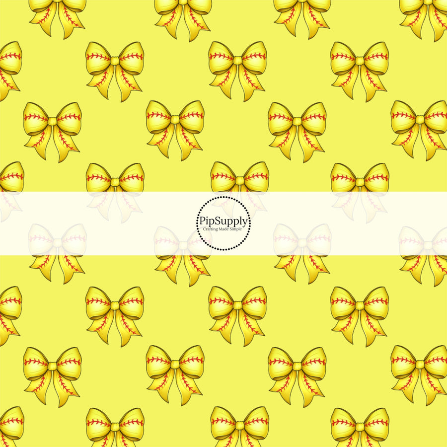 These sports themed fabric by the yard features yellow softball bows. This fun pattern fabric can be used for all your sewing and crafting needs!