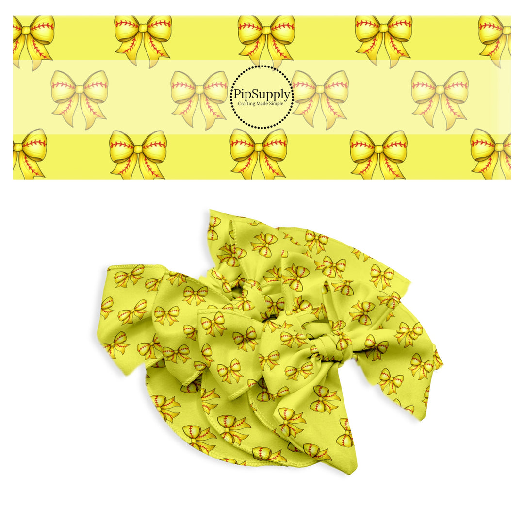 These sports themed pattern no sew bow strips can be easily tied and attached to a clip for a finished hair bow. These festive bow strips are great for personal use or to sell. These bow strips feature the following design elements: yellow softball bows.