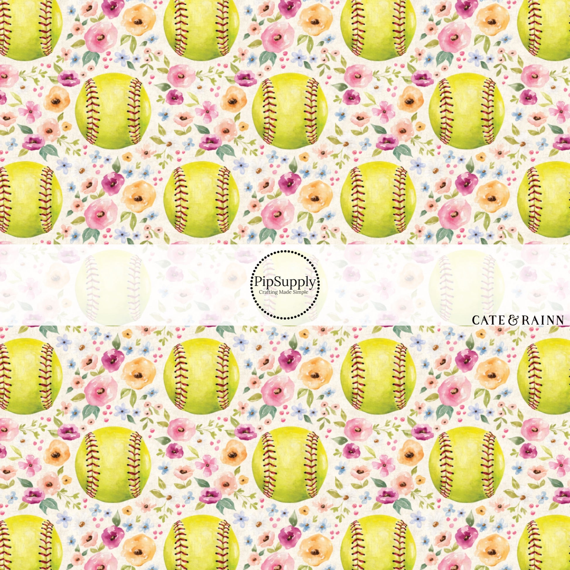 Pastel Florals and Softballs on Cream Fabric by the Yard.