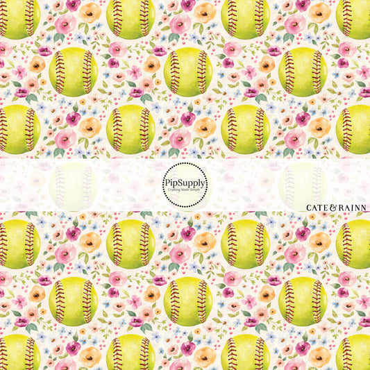 Pastel Florals and Softballs on Cream Fabric by the Yard.
