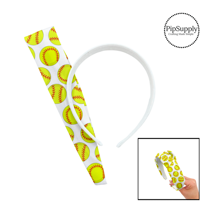 Yellow softballs with red stitching on white knotted headband kit