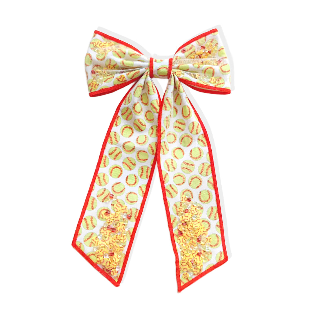 These sports pattern long tail shaker tied bows are ready to package and resell to your customers no sewing or measuring necessary! These hair bows come with a clip already attached. The shaker bow comes pre-filled with softball pattern clay mix.