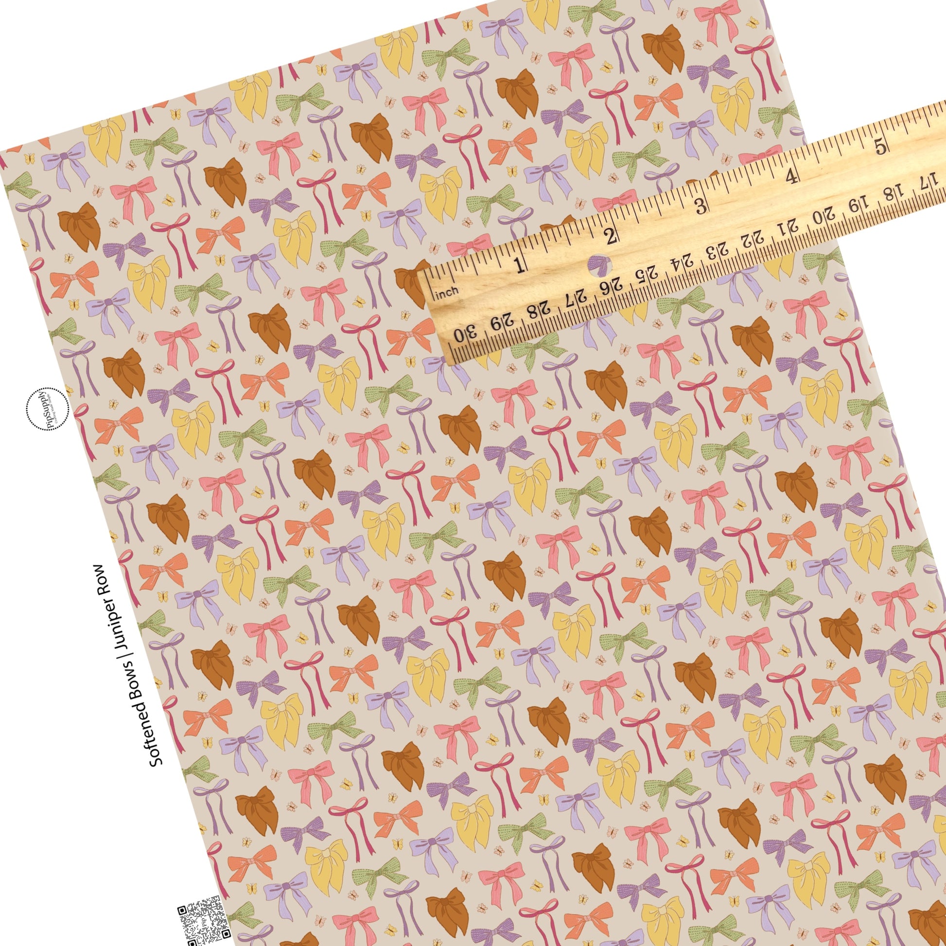 These spring bows faux leather sheets contain the following design elements: colorful bows surrounded by tiny butterflies on beige. Our CPSIA compliant faux leather sheets or rolls can be used for all types of crafting projects. 