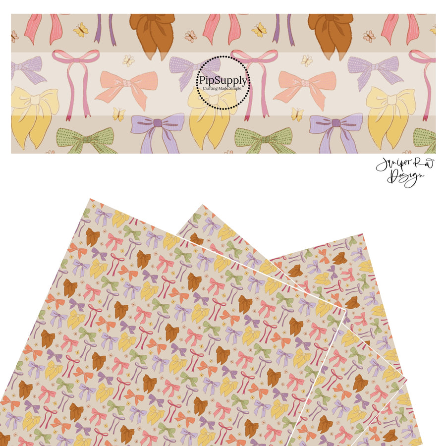 These spring bows faux leather sheets contain the following design elements: colorful bows surrounded by tiny butterflies on beige. Our CPSIA compliant faux leather sheets or rolls can be used for all types of crafting projects. 