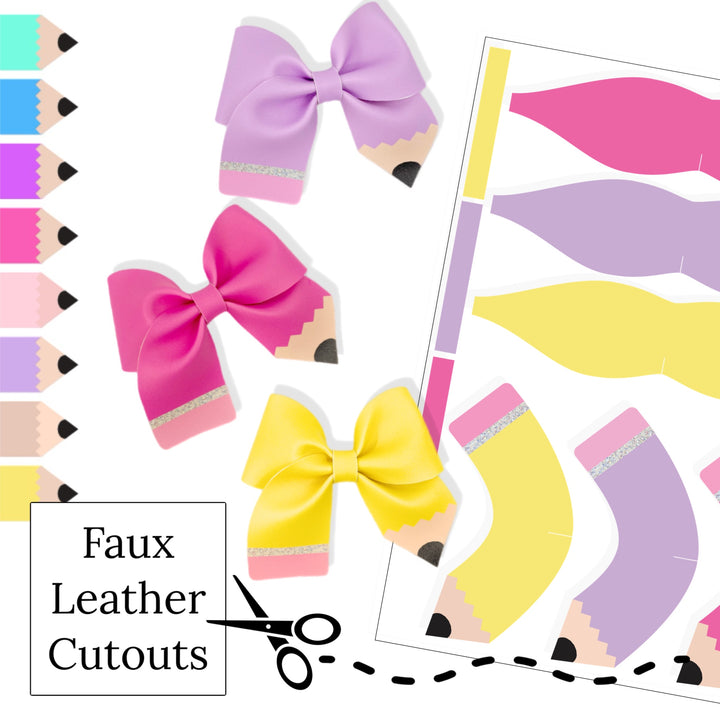 These school themed faux leather twirl bows with colorful color pencils are ready to cut and assemble for many craft projects. These patterned cutouts can be used to make a hair bow, headband, banner, photo props, scrapbook, party or classroom decorations, bulletin board trim or anything creative! 