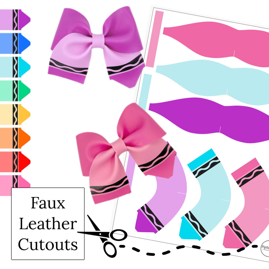 These school themed faux leather twirl bows with colorful crayons are ready to cut and assemble for many craft projects. These patterned cutouts can be used to make a hair bow, headband, banner, photo props, scrapbook, party or classroom decorations, bulletin board trim or anything creative! You will receive one faux leather sheet with varying quantities of cutouts based on your selections.