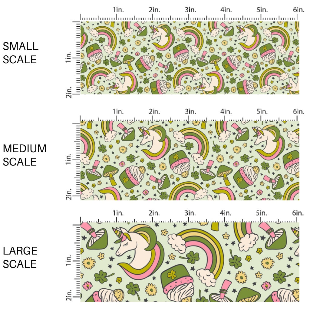 This holiday fabric by the yard features shamrocks, unicorns, and rainbows. This festive pattern fabric can be used for all your sewing and crafting needs!