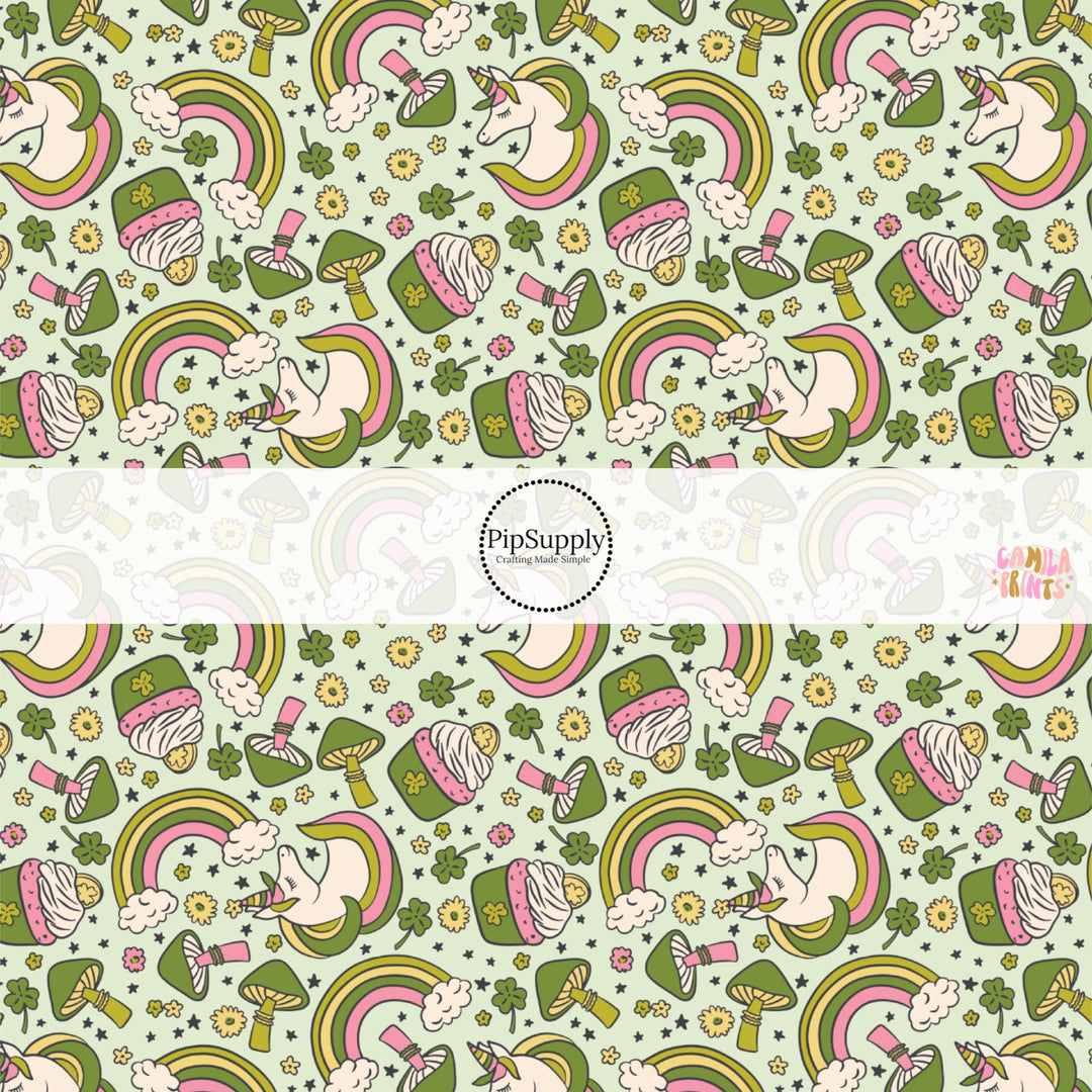 This holiday fabric by the yard features shamrocks, unicorns, and rainbows. This festive pattern fabric can be used for all your sewing and crafting needs!