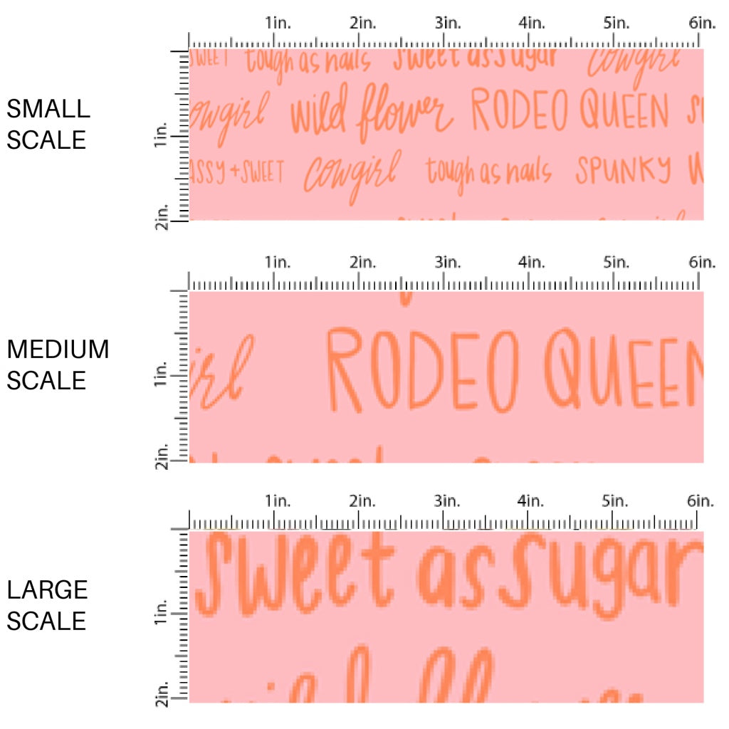 This scale chart of small scale, medium scale, and large scale of this summer fabric by the yard feature southern sayings on pink. This fun summer themed fabric can be used for all your sewing and crafting needs!
