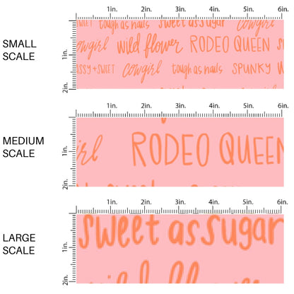 This scale chart of small scale, medium scale, and large scale of this summer fabric by the yard feature southern sayings on pink. This fun summer themed fabric can be used for all your sewing and crafting needs!