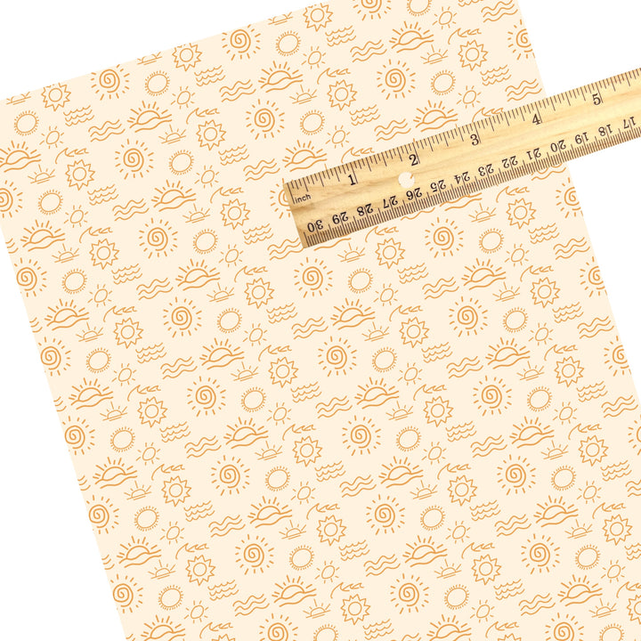 These tropical faux leather sheets contain the following design elements: sketch of waves and suns on cream. Our CPSIA compliant faux leather sheets or rolls can be used for all types of crafting projects.