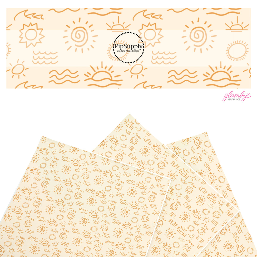 These tropical faux leather sheets contain the following design elements: sketch of waves and suns on cream. Our CPSIA compliant faux leather sheets or rolls can be used for all types of crafting projects.