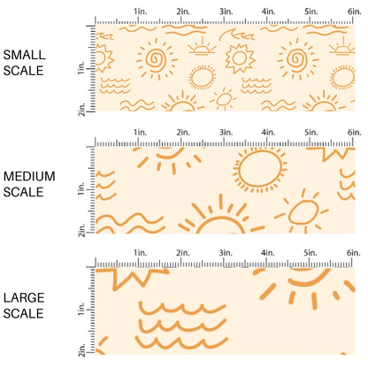 This scale chart of small scale, medium scale, and large scale of this tropical fabric by the yard features sketch of waves and suns on cream. This fun summer themed fabric can be used for all your sewing and crafting needs!