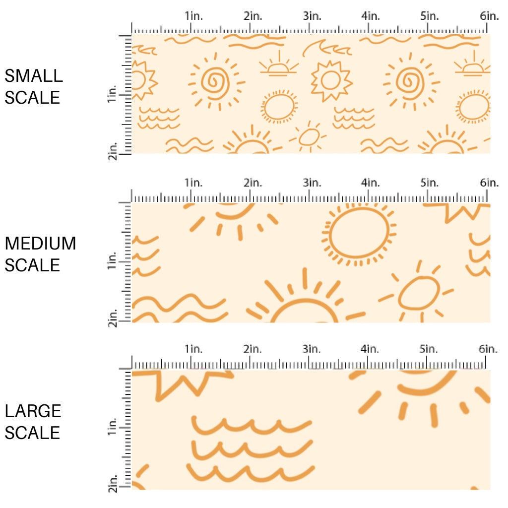 This scale chart of small scale, medium scale, and large scale of this tropical fabric by the yard features sketch of waves and suns on cream. This fun summer themed fabric can be used for all your sewing and crafting needs!