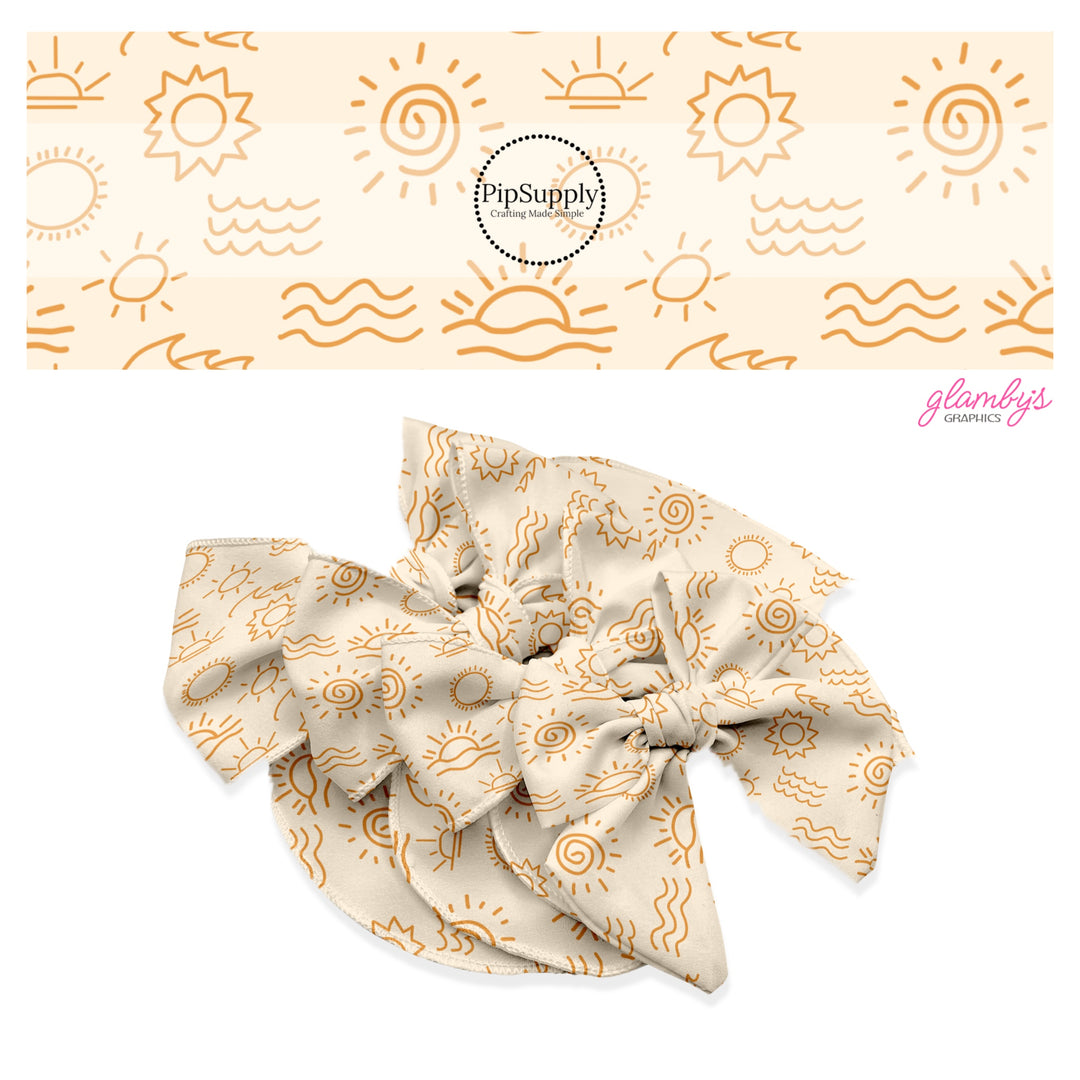 These tropical themed no sew bow strips can be easily tied and attached to a clip for a finished hair bow. These summer patterned bow strips are great for personal use or to sell. These bow strips feature sketch of waves and suns on cream.