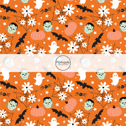 Pumpkins, ghosts, frank, spiders, and bats on orange hair bow strips