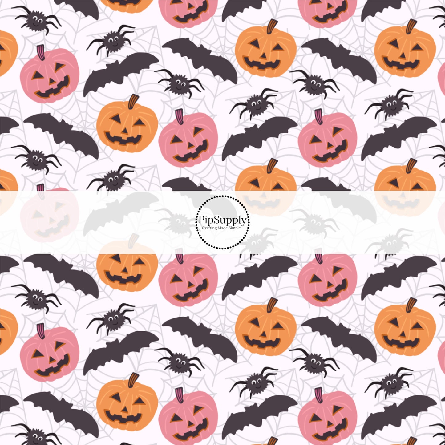 Pink and orange pumpkins with black bats and spiders on white hair bow strips