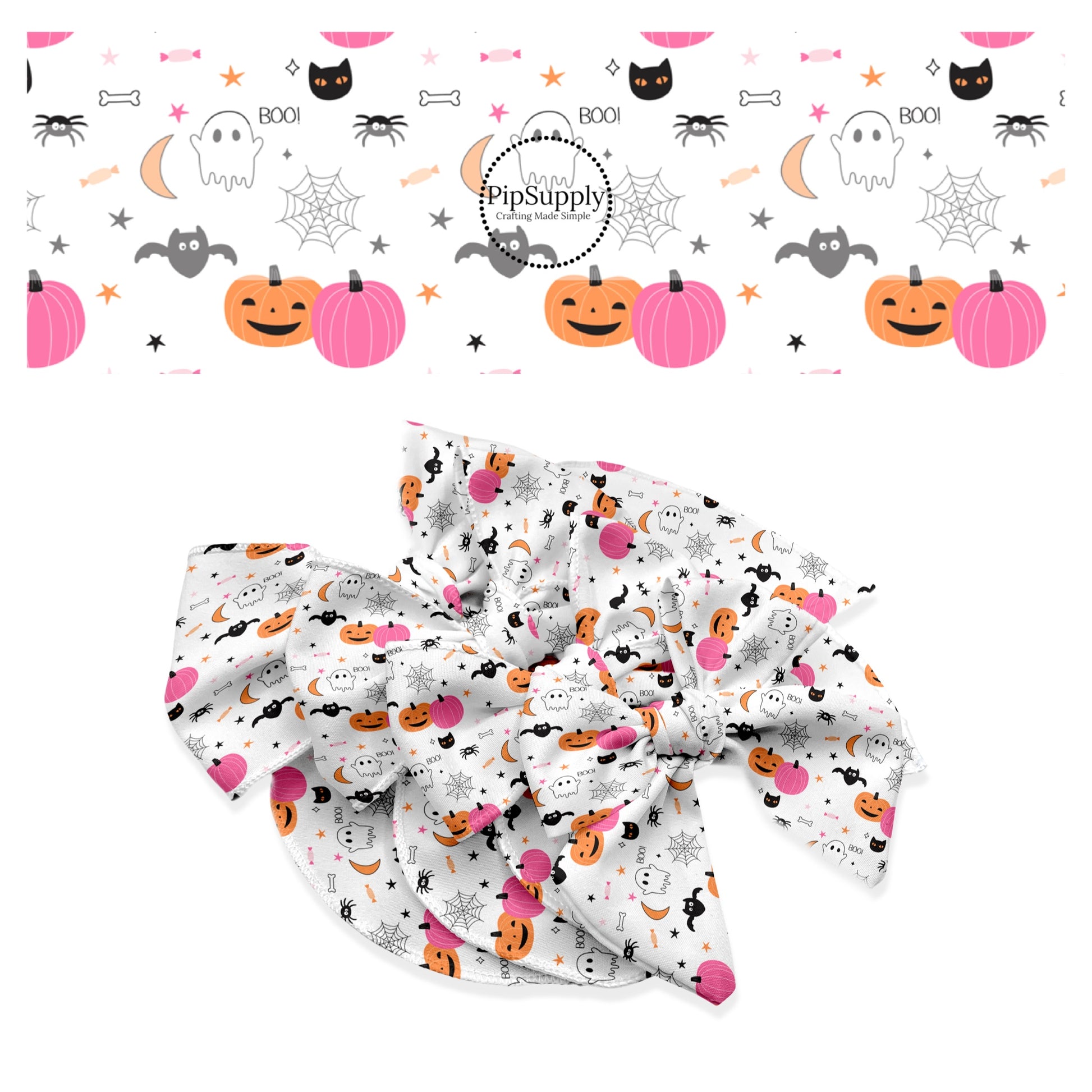 Pink and orange pumpkins, bats, cats, spiders, stars, and candy on white hair bow strips