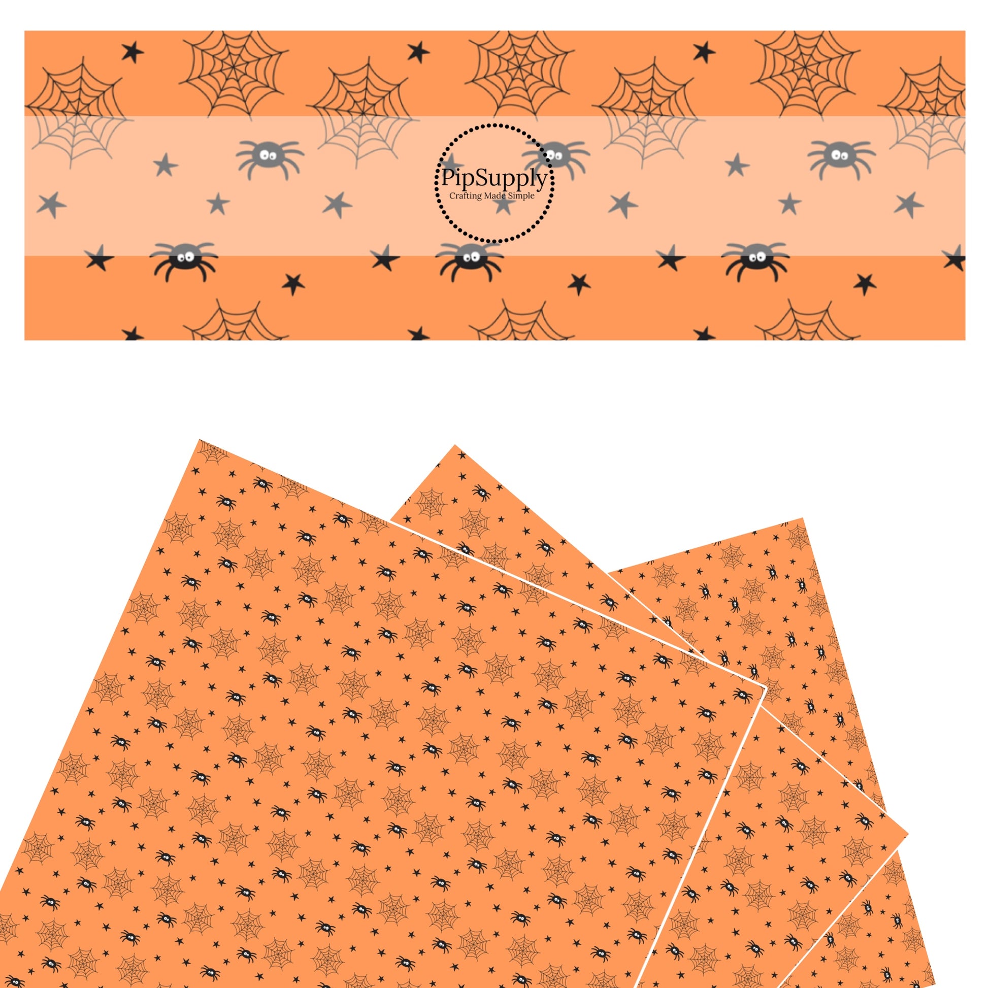 Spiders, webs, and stars on orange faux leather sheets