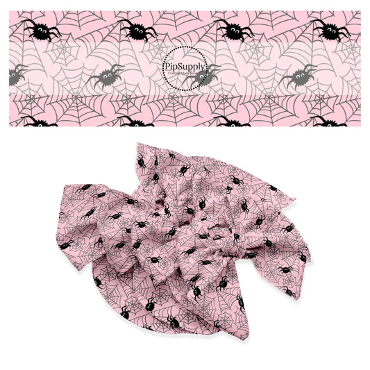 Black spiders and webs on pink hair bow strips