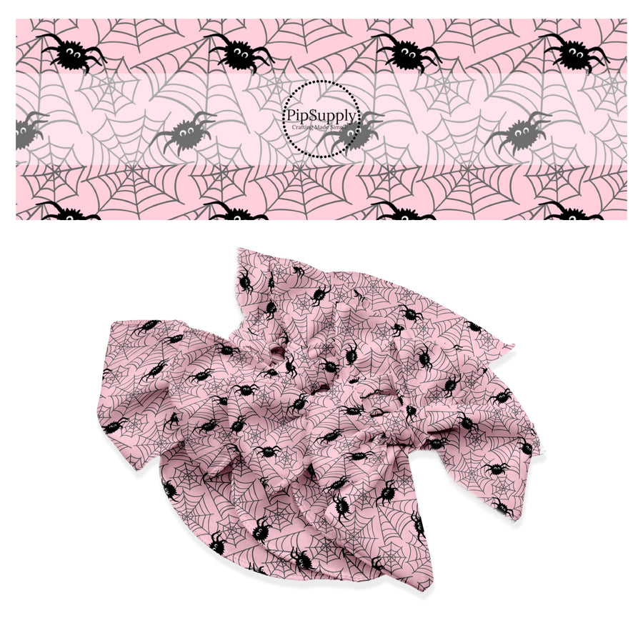 Black spiders and webs on pink hair bow strips