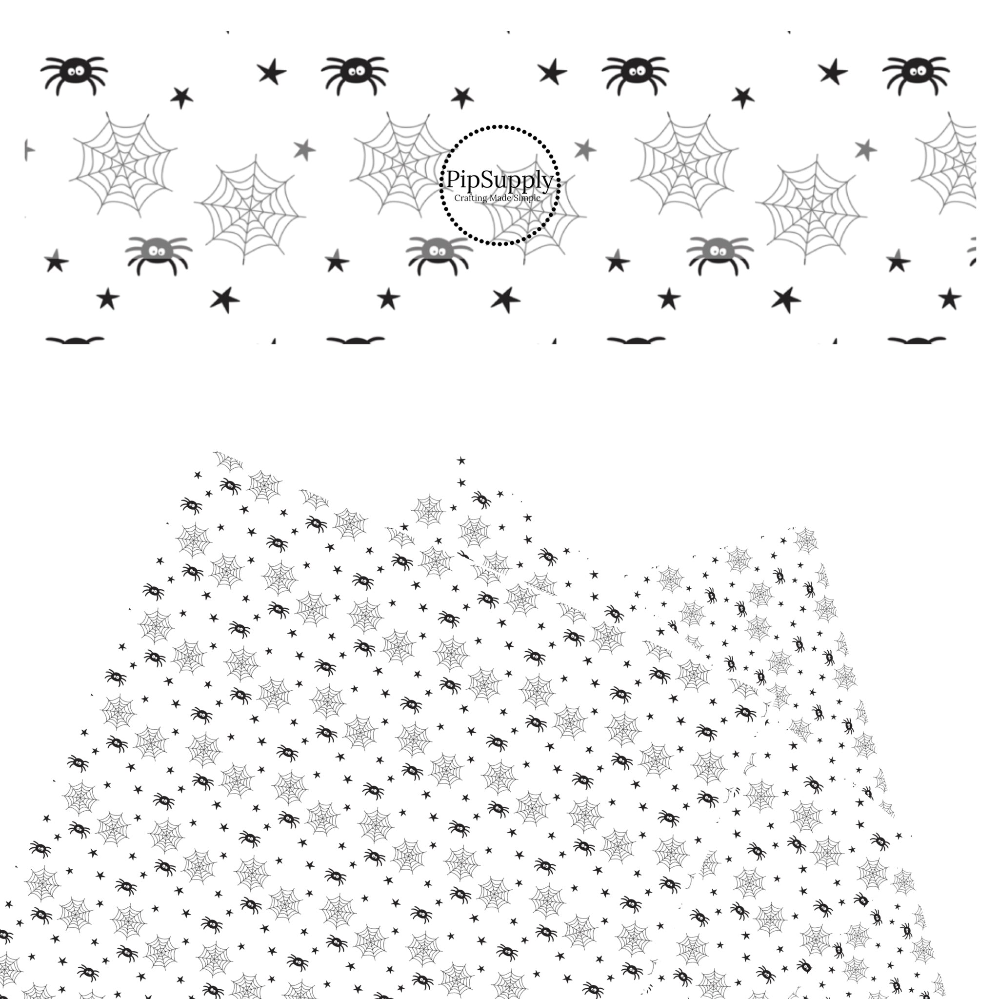 Spiders and Webs with Stars on White Faux Leather Sheet - Spooky ...