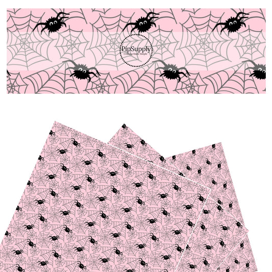Black spiders and webs on pink faux leather sheets