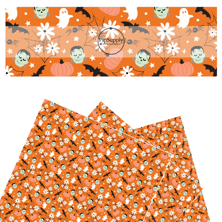 Frank, ghosts, spiders, bats, flowers, and pumpkins on orange faux leather sheets