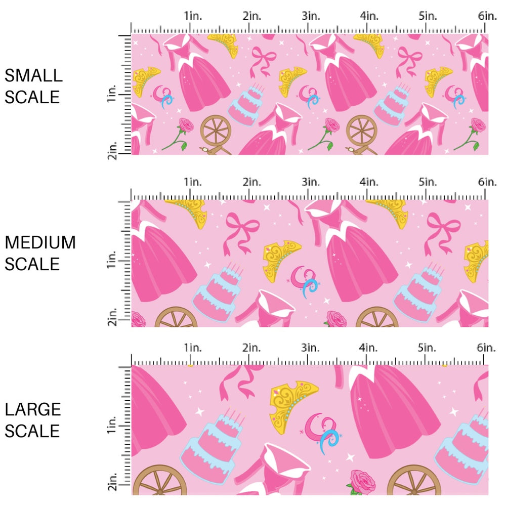These magical princess themed fabric by the yard features princess dresses, bows, and tiaras on a pink pattern. This fun pattern fabric can be used for all your sewing and crafting needs!