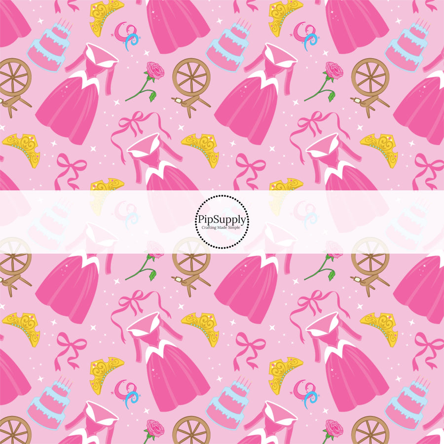 These magical princess themed fabric by the yard features princess dresses, bows, and tiaras on a pink pattern. This fun pattern fabric can be used for all your sewing and crafting needs!