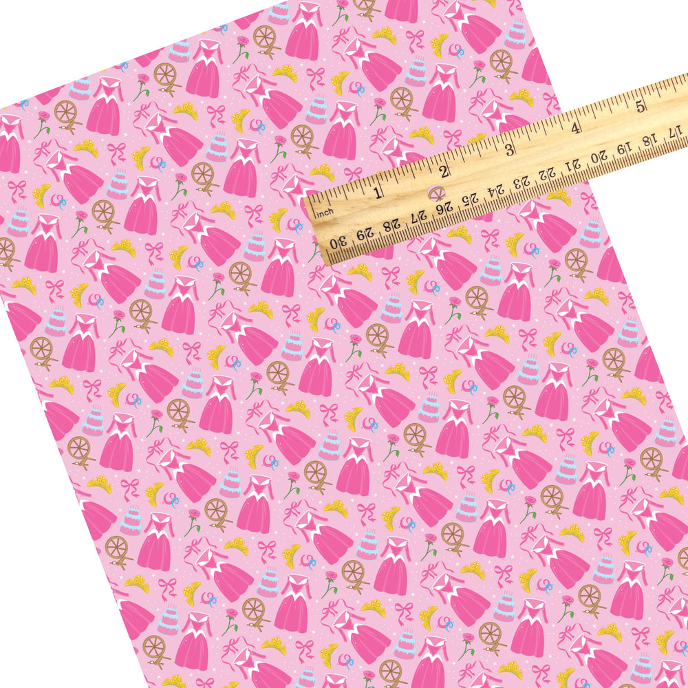 These magical princess themed faux leather sheets contain the following design elements: princess dresses, bows, and tiaras on a pink pattern. Our CPSIA compliant faux leather sheets or rolls can be used for all types of crafting projects.