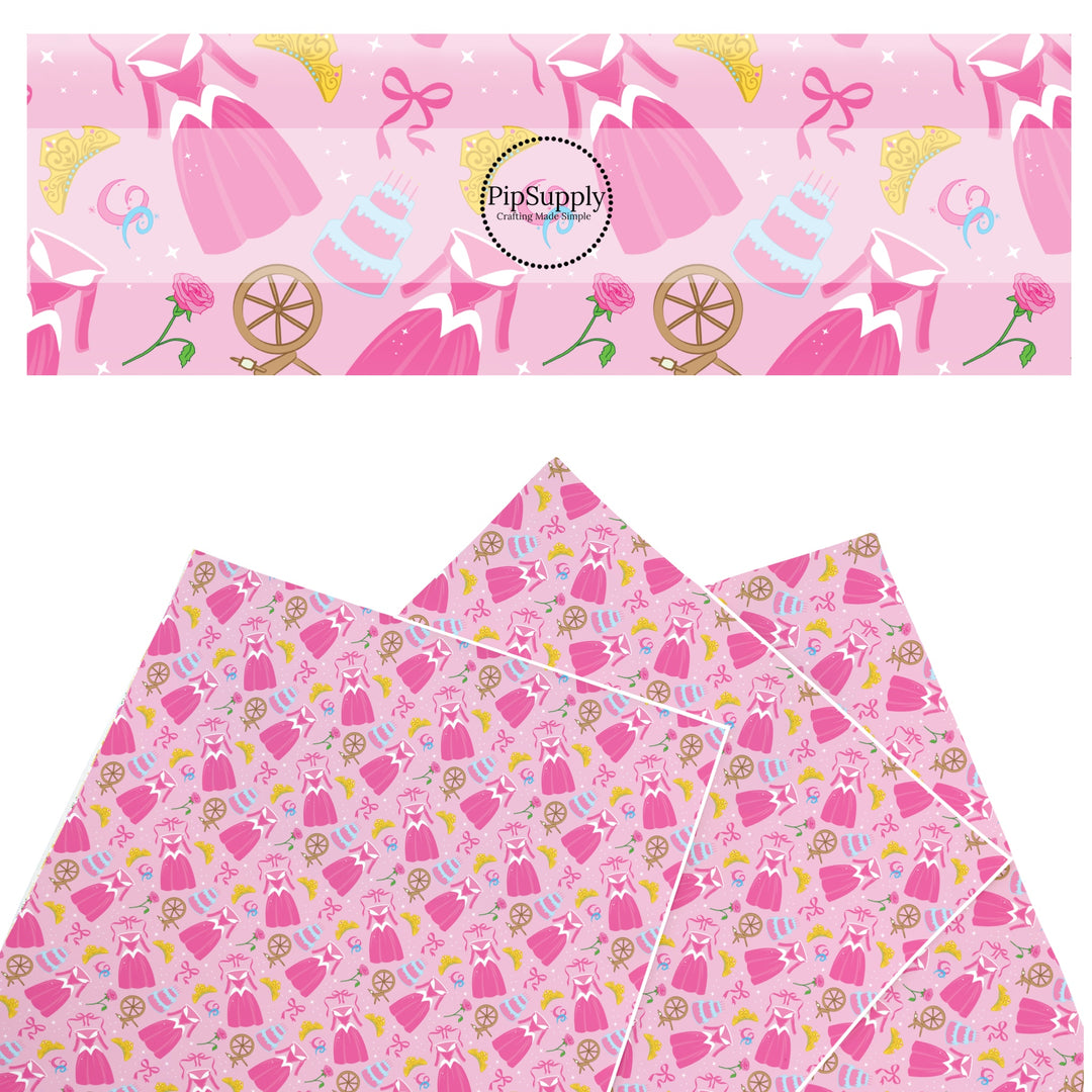 These magical princess themed faux leather sheets contain the following design elements: princess dresses, bows, and tiaras on a pink pattern. Our CPSIA compliant faux leather sheets or rolls can be used for all types of crafting projects.