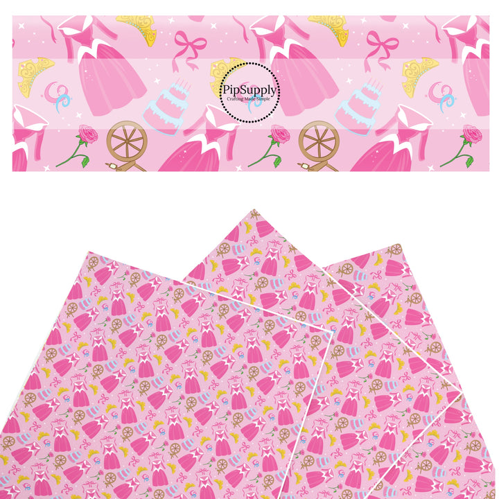 These magical princess themed faux leather sheets contain the following design elements: princess dresses, bows, and tiaras on a pink pattern. Our CPSIA compliant faux leather sheets or rolls can be used for all types of crafting projects.