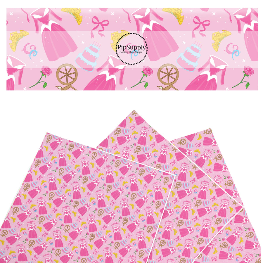These magical princess themed faux leather sheets contain the following design elements: princess dresses, bows, and tiaras on a pink pattern. Our CPSIA compliant faux leather sheets or rolls can be used for all types of crafting projects.