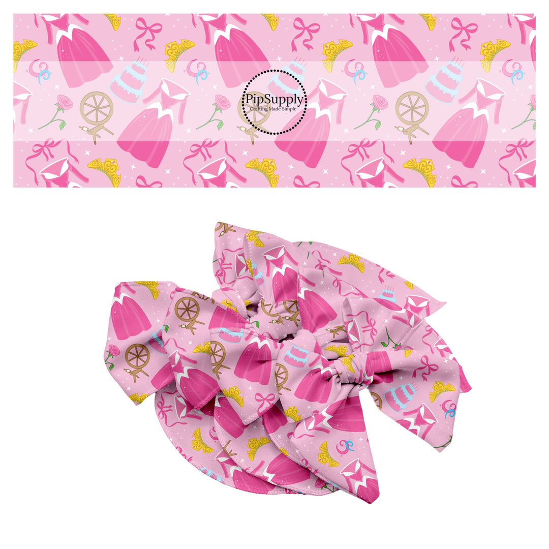 These magical princess themed no sew bow strips can be easily tied and attached to a clip for a finished hair bow. These bow strips are great for personal use or to sell. These bow strips feature the following design elements: princess dresses, bows, and tiaras on a pink pattern.