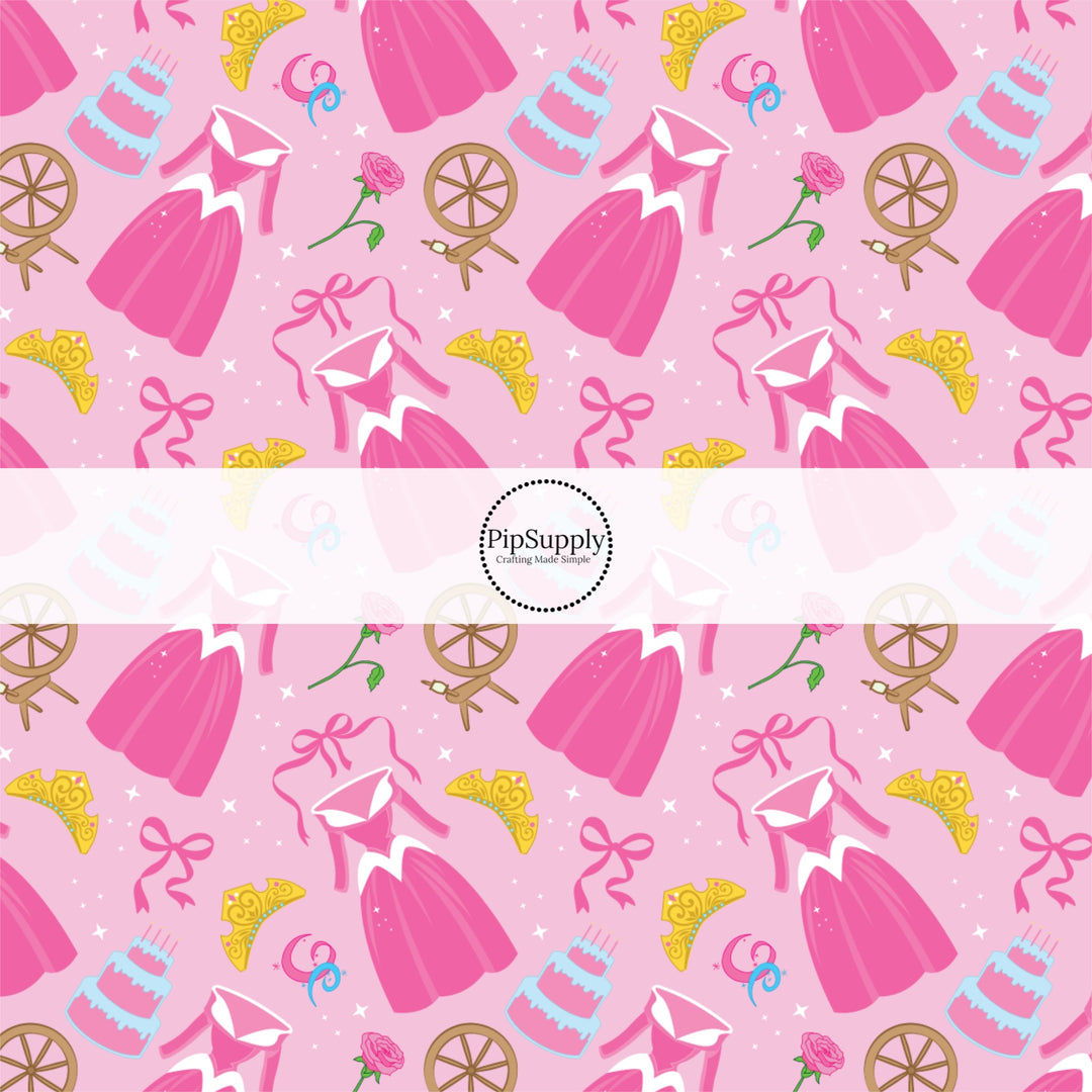 These magical princess themed no sew bow strips can be easily tied and attached to a clip for a finished hair bow. These bow strips are great for personal use or to sell. These bow strips feature the following design elements: princess dresses, bows, and tiaras on a pink pattern.